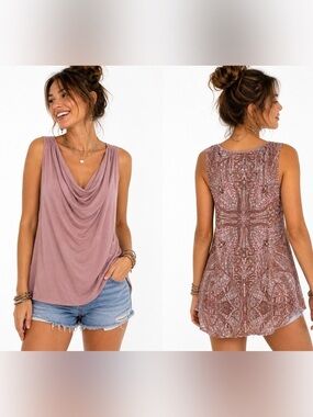 Mystree Pink Cowl Neck Tank Top Size Small Lace Back Boho Boutique Top